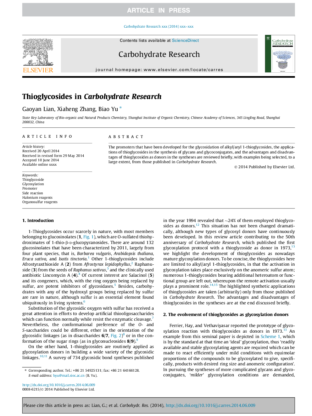 Thioglycosides in Carbohydrate Research