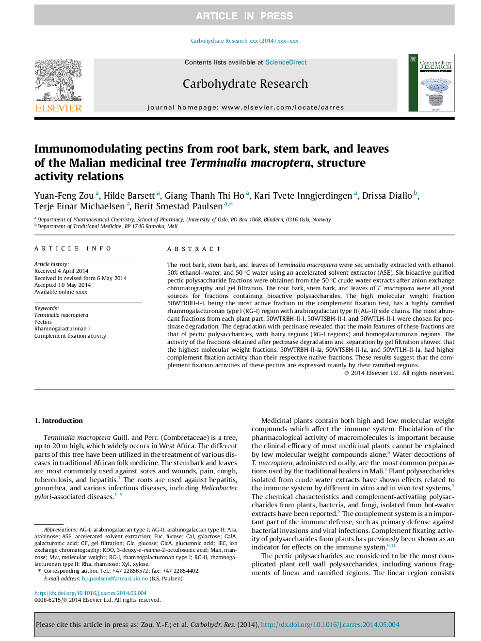 Immunomodulating pectins from root bark, stem bark, and leaves of the Malian medicinal tree Terminalia macroptera, structure activity relations