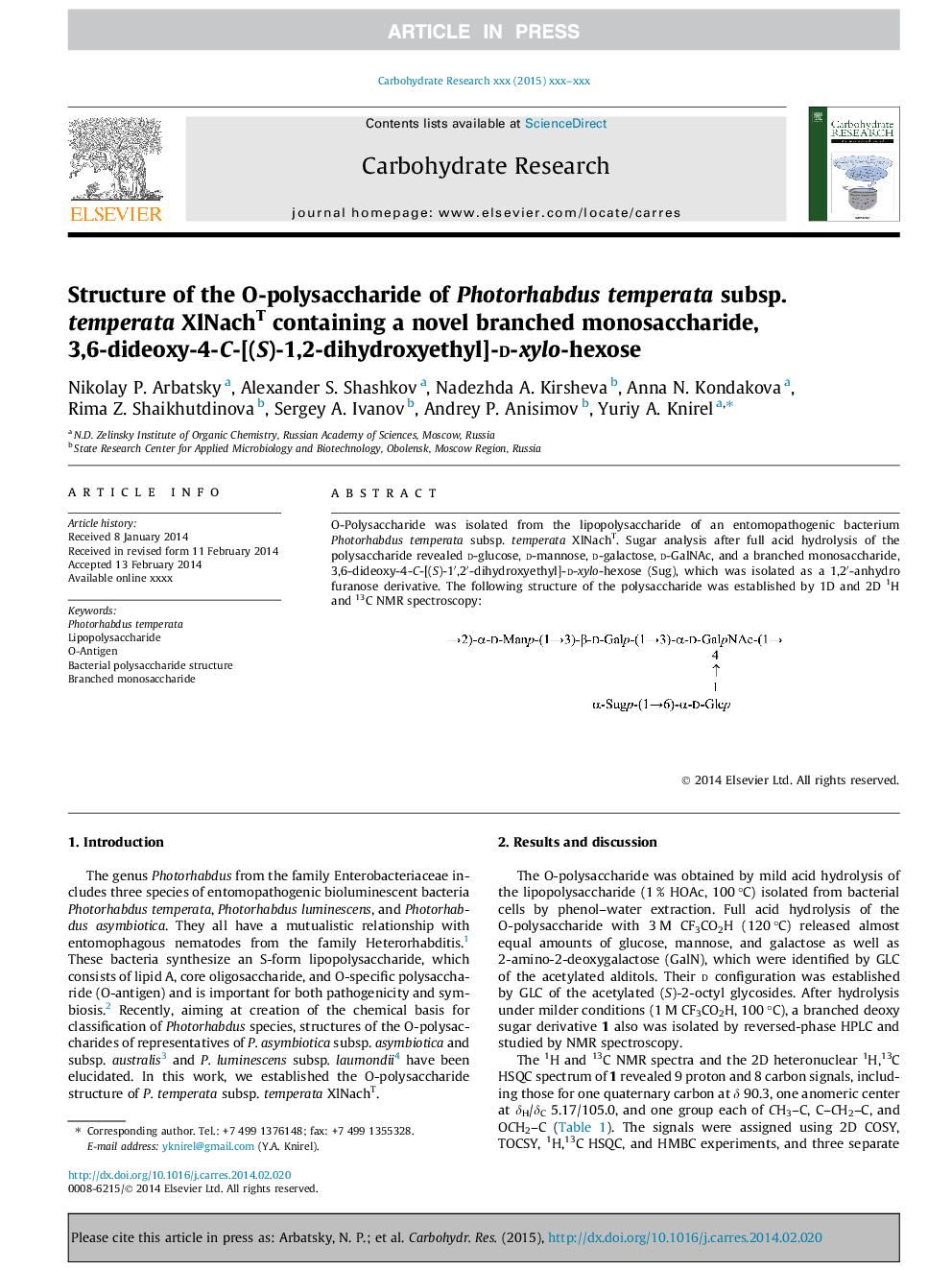 Structure of the O-polysaccharide of Photorhabdus temperata subsp. temperata XlNachT containing a novel branched monosaccharide, 3,6-dideoxy-4-C-[(S)-1,2-dihydroxyethyl]-d-xylo-hexose