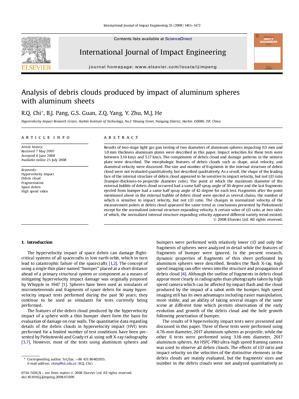 Analysis of debris clouds produced by impact of aluminum spheres with aluminum sheets