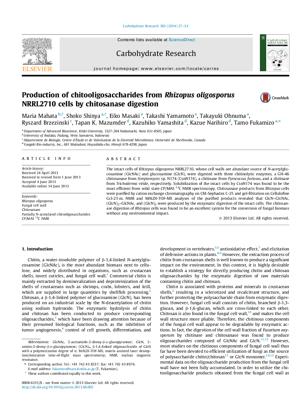 Production of chitooligosaccharides from Rhizopus oligosporus NRRL2710 cells by chitosanase digestion