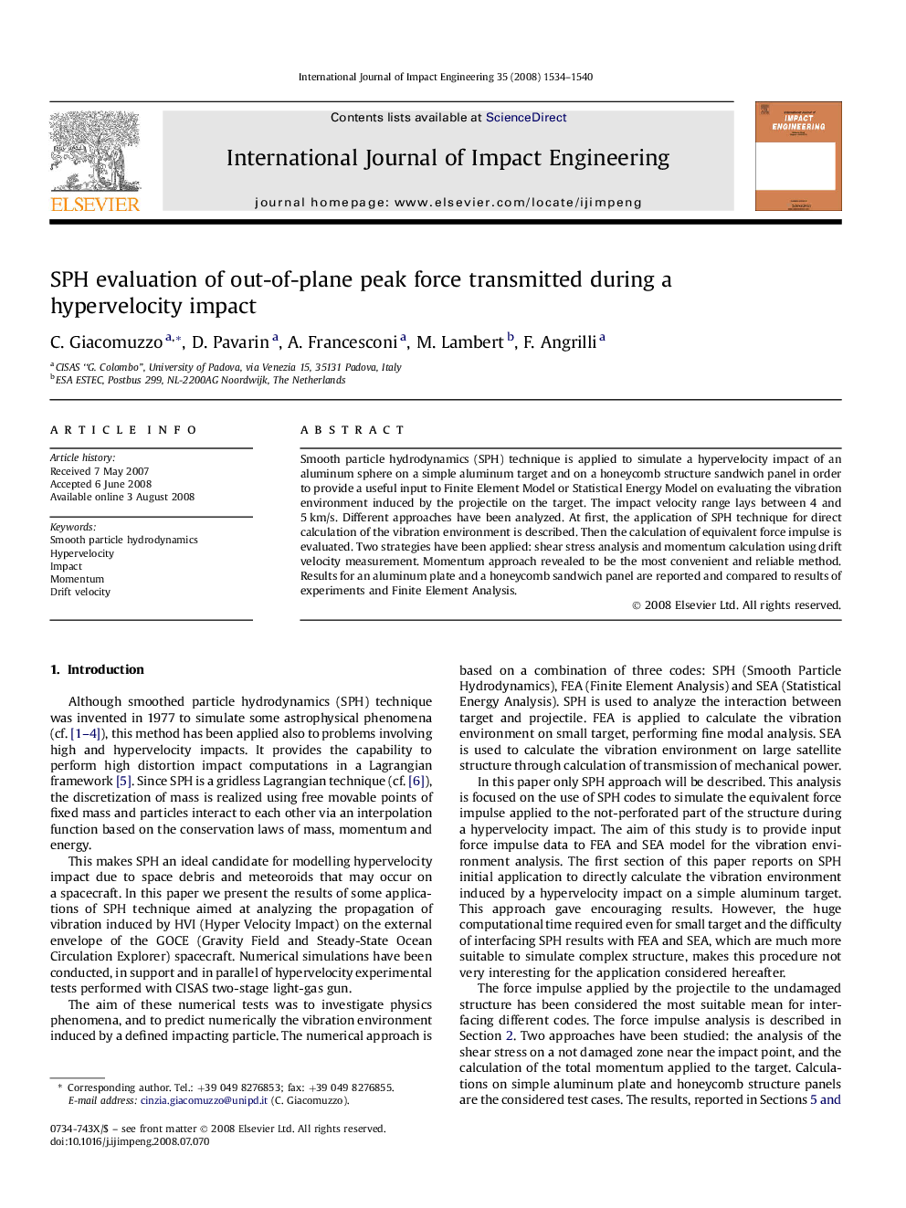 SPH evaluation of out-of-plane peak force transmitted during a hypervelocity impact