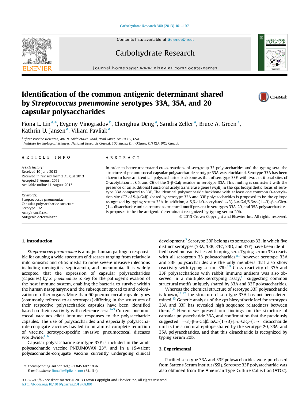 Identification of the common antigenic determinant shared by Streptococcus pneumoniae serotypes 33A, 35A, and 20 capsular polysaccharides