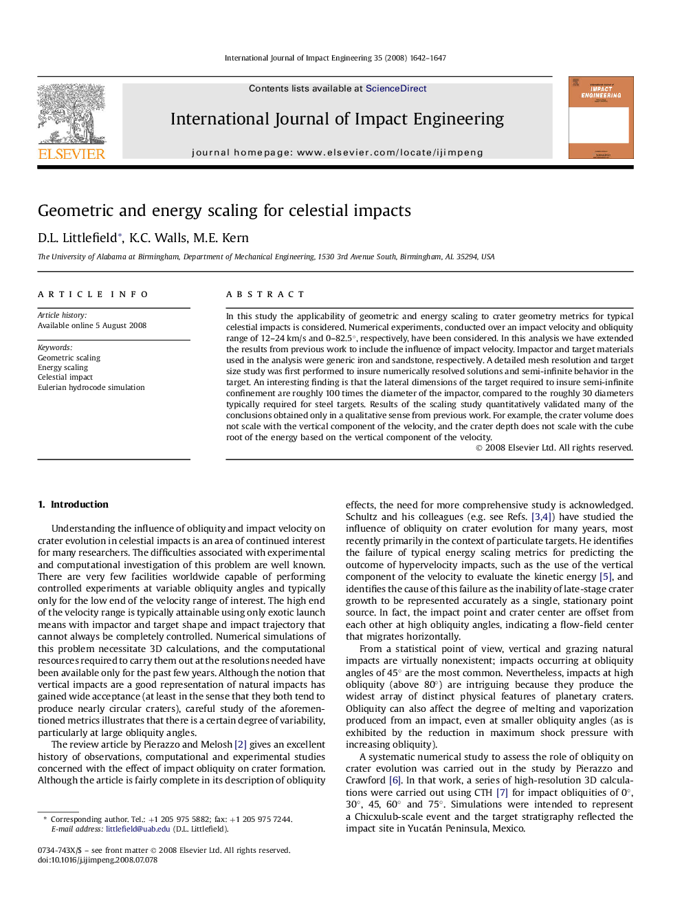 Geometric and energy scaling for celestial impacts