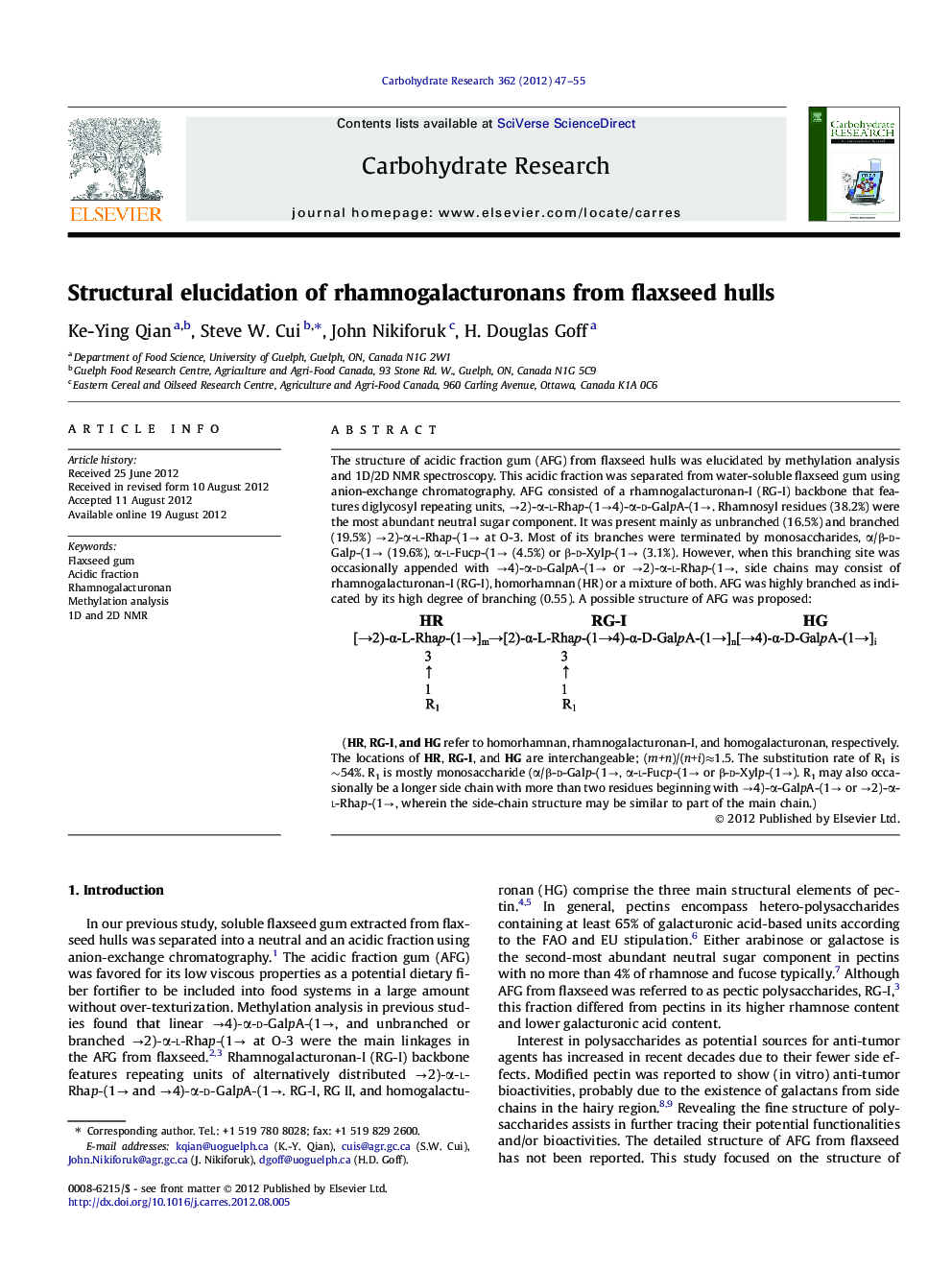 Structural elucidation of rhamnogalacturonans from flaxseed hulls