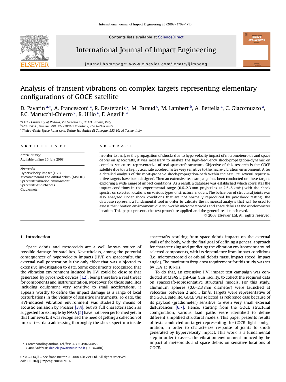 Analysis of transient vibrations on complex targets representing elementary configurations of GOCE satellite