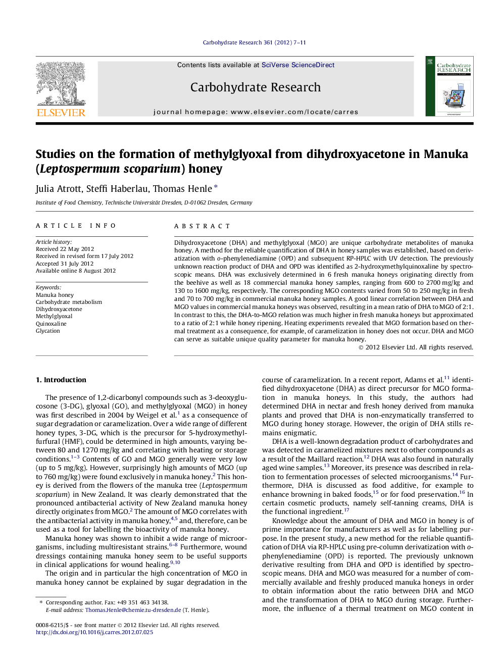 Studies on the formation of methylglyoxal from dihydroxyacetone in Manuka (Leptospermum scoparium) honey