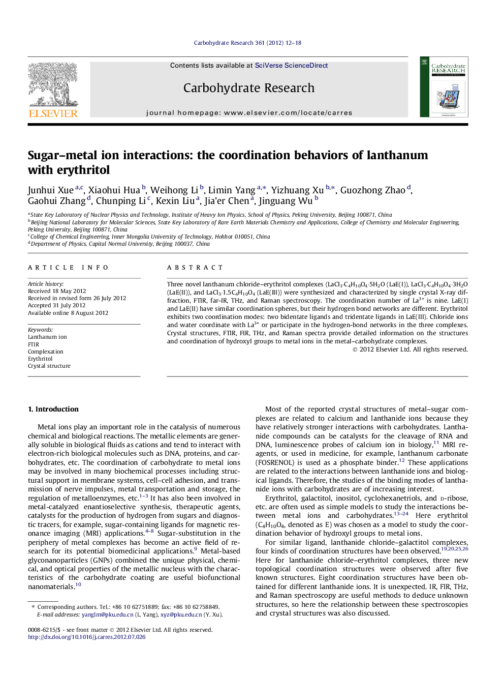 Sugar-metal ion interactions: the coordination behaviors of lanthanum with erythritol