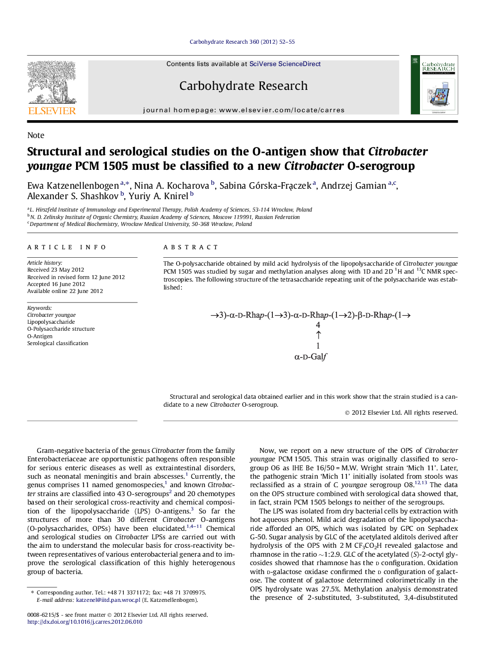 Structural and serological studies on the O-antigen show that Citrobacter youngae PCMÂ 1505 must be classified to a new Citrobacter O-serogroup