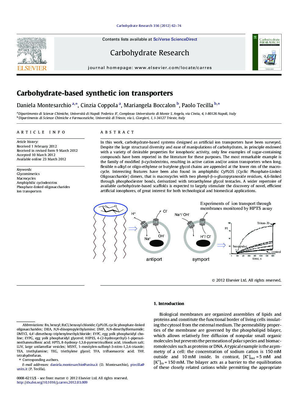 Carbohydrate-based synthetic ion transporters