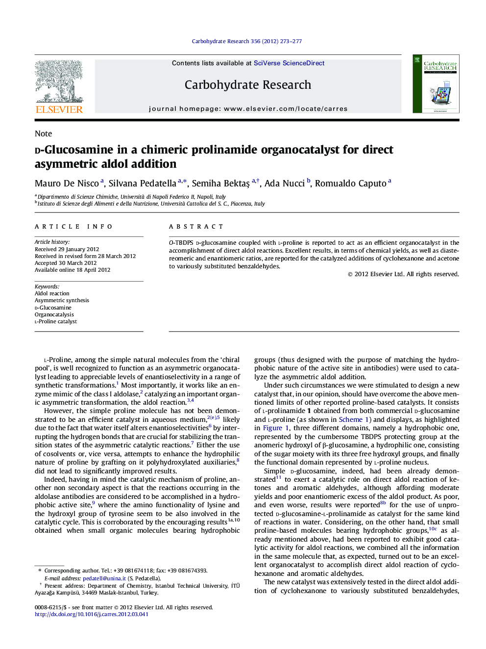 d-Glucosamine in a chimeric prolinamide organocatalyst for direct asymmetric aldol addition