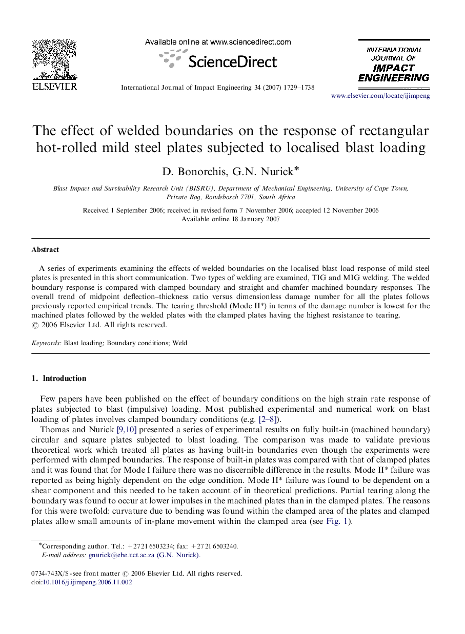 The effect of welded boundaries on the response of rectangular hot-rolled mild steel plates subjected to localised blast loading