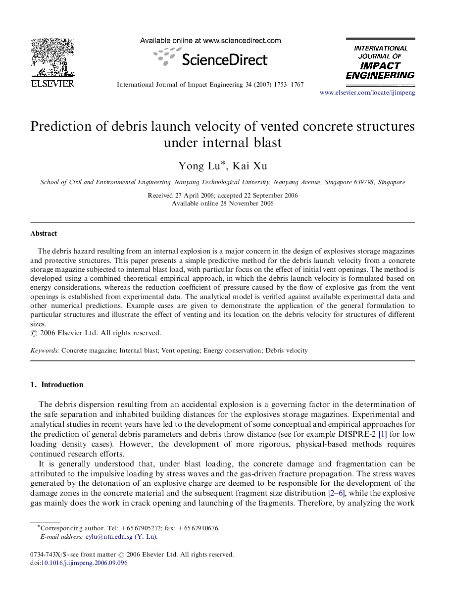 Prediction of debris launch velocity of vented concrete structures under internal blast