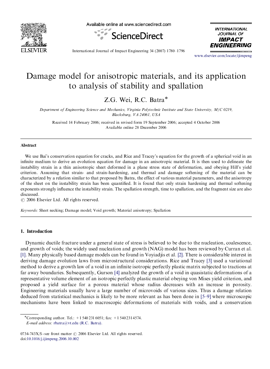 Damage model for anisotropic materials, and its application to analysis of stability and spallation