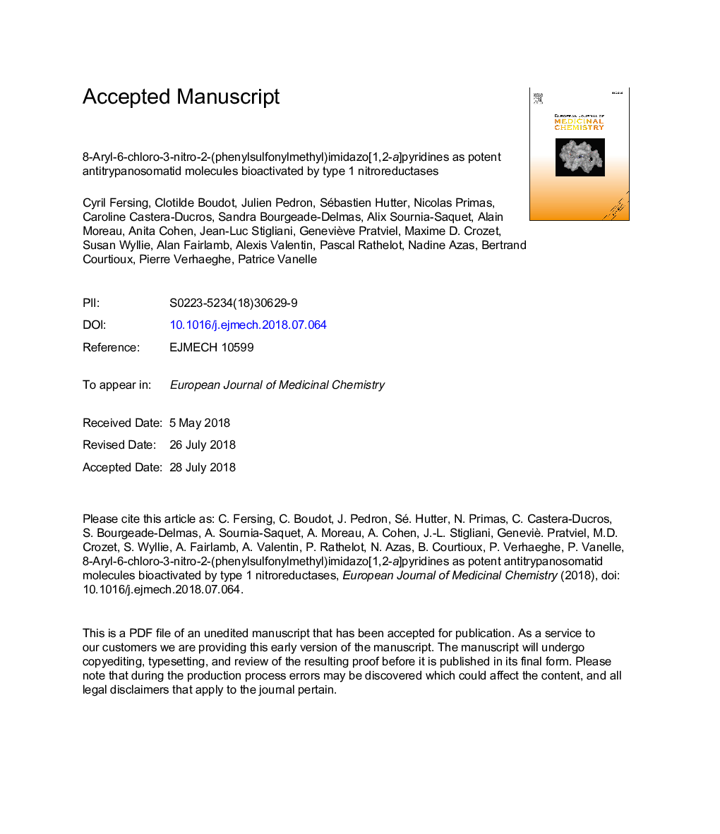 8-Aryl-6-chloro-3-nitro-2-(phenylsulfonylmethyl)imidazo[1,2-a]pyridines as potent antitrypanosomatid molecules bioactivated by type 1 nitroreductases