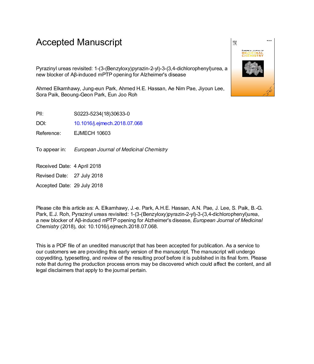 Pyrazinyl ureas revisited: 1-(3-(Benzyloxy)pyrazin-2-yl)-3-(3,4-dichlorophenyl)urea, a new blocker of AÎ²-induced mPTP opening for Alzheimer's disease