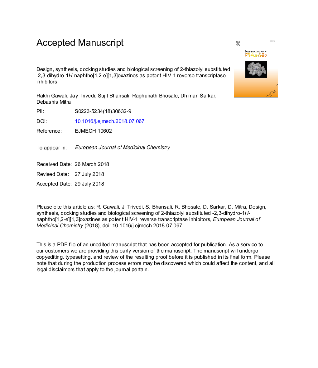 Design, synthesis, docking studies and biological screening of 2-thiazolyl substituted -2,3-dihydro-1H-naphtho[1,2-e][1,3]oxazines as potent HIV-1 reverse transcriptase inhibitors