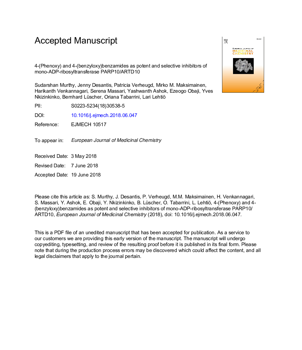 4-(Phenoxy) and 4-(benzyloxy)benzamides as potent and selective inhibitors of mono-ADP-ribosyltransferase PARP10/ARTD10