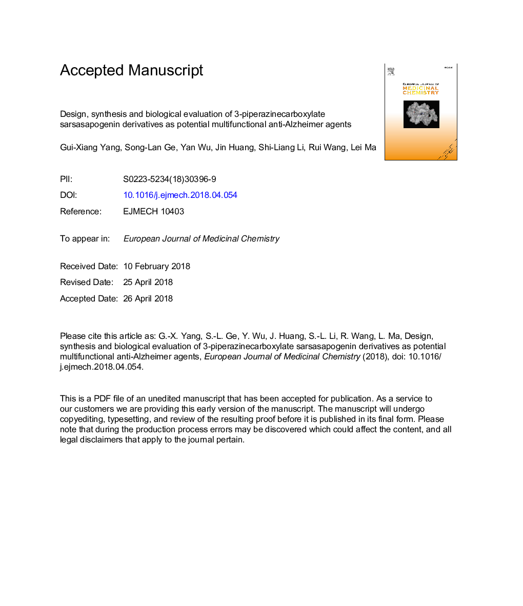 Design, synthesis and biological evaluation of 3-piperazinecarboxylate sarsasapogenin derivatives as potential multifunctional anti-Alzheimer agents