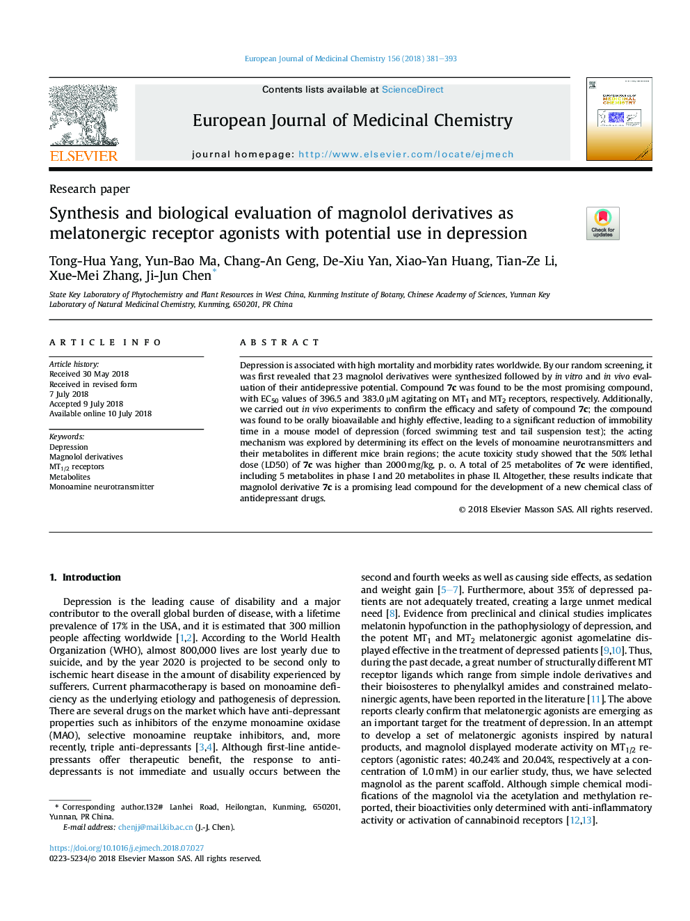 Synthesis and biological evaluation of magnolol derivatives as melatonergic receptor agonists with potential use in depression