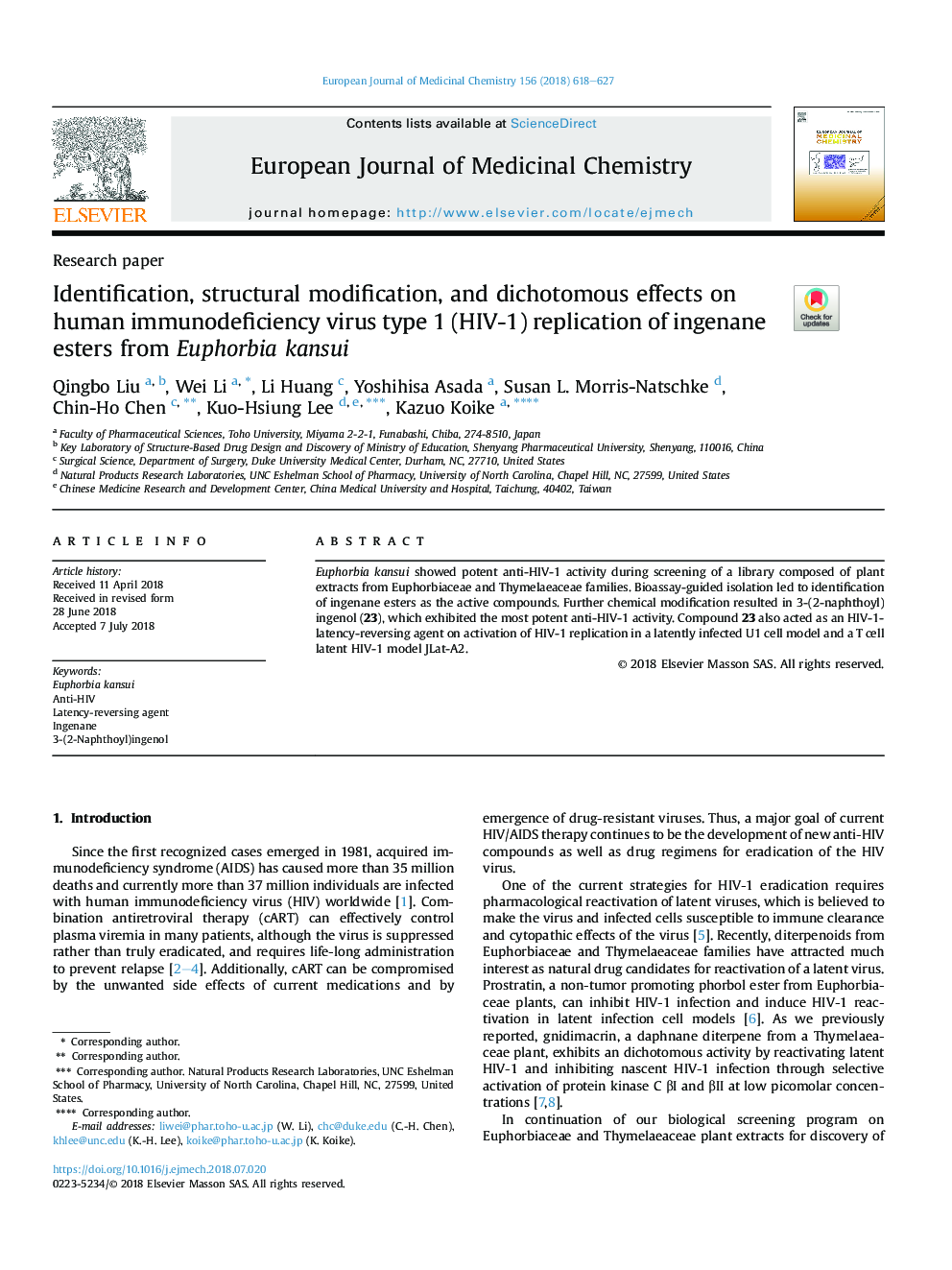 Identification, structural modification, and dichotomous effects on human immunodeficiency virus type 1 (HIV-1) replication of ingenane esters from Euphorbia kansui