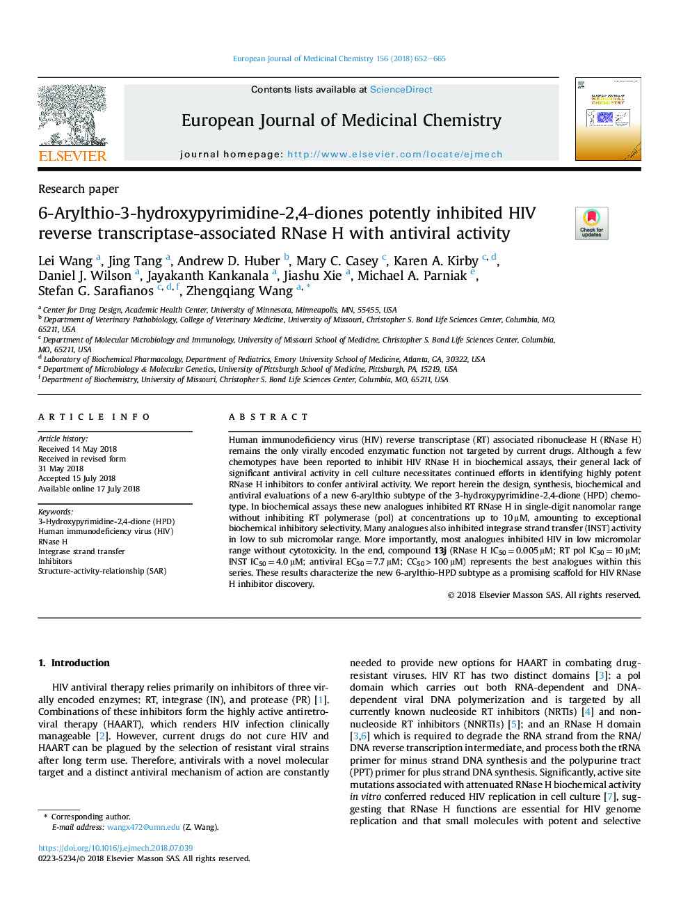 6-Arylthio-3-hydroxypyrimidine-2,4-diones potently inhibited HIV reverse transcriptase-associated RNase H with antiviral activity