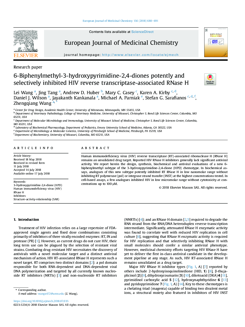 6-Biphenylmethyl-3-hydroxypyrimidine-2,4-diones potently and selectively inhibited HIV reverse transcriptase-associated RNase H