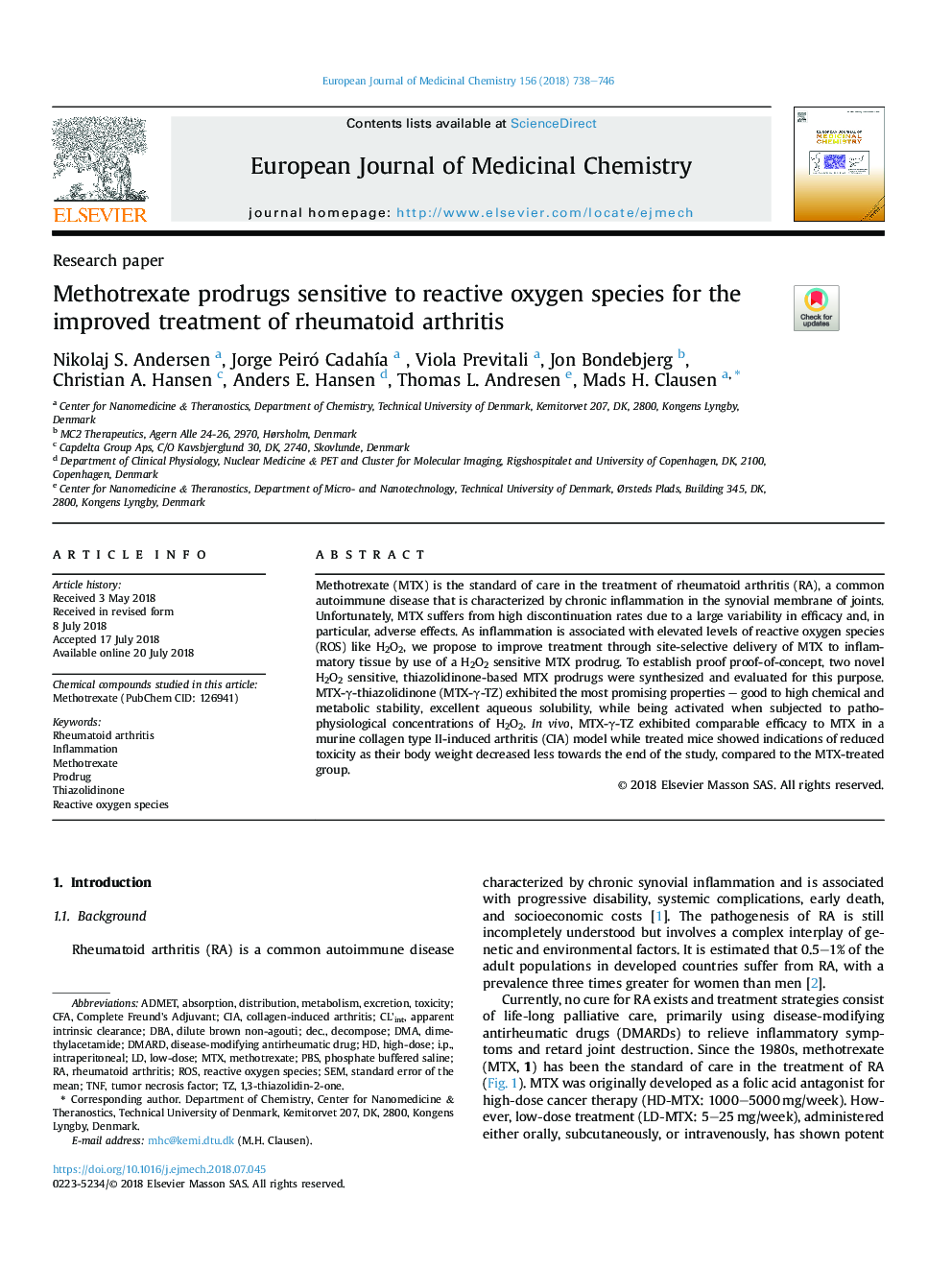 Methotrexate prodrugs sensitive to reactive oxygen species for the improved treatment of rheumatoid arthritis