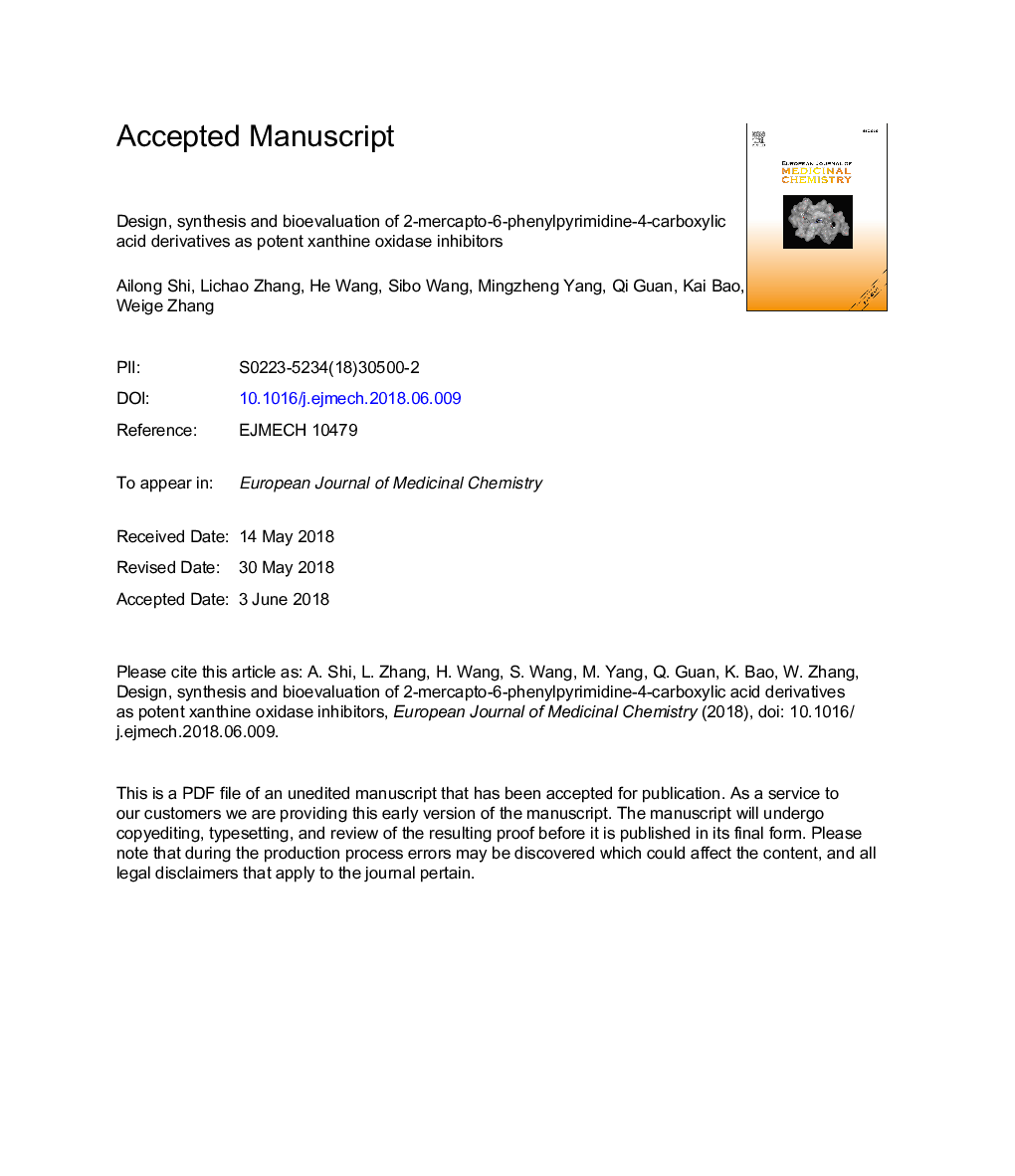Design, synthesis and bioevaluation of 2-mercapto-6-phenylpyrimidine-4-carboxylic acid derivatives as potent xanthine oxidase inhibitors
