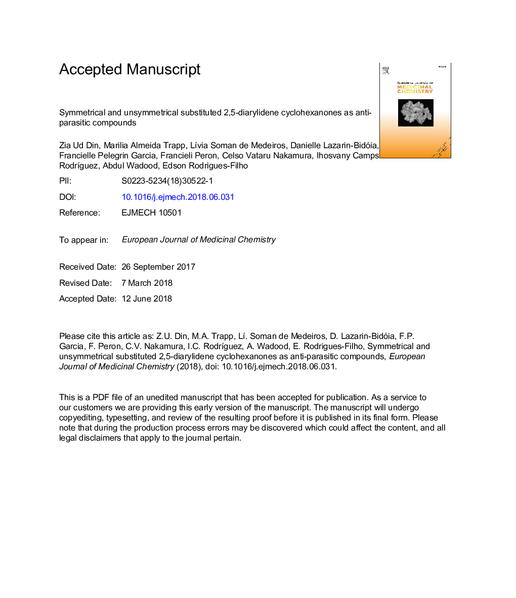 Symmetrical and unsymmetrical substituted 2,5-diarylidene cyclohexanones as anti-parasitic compounds