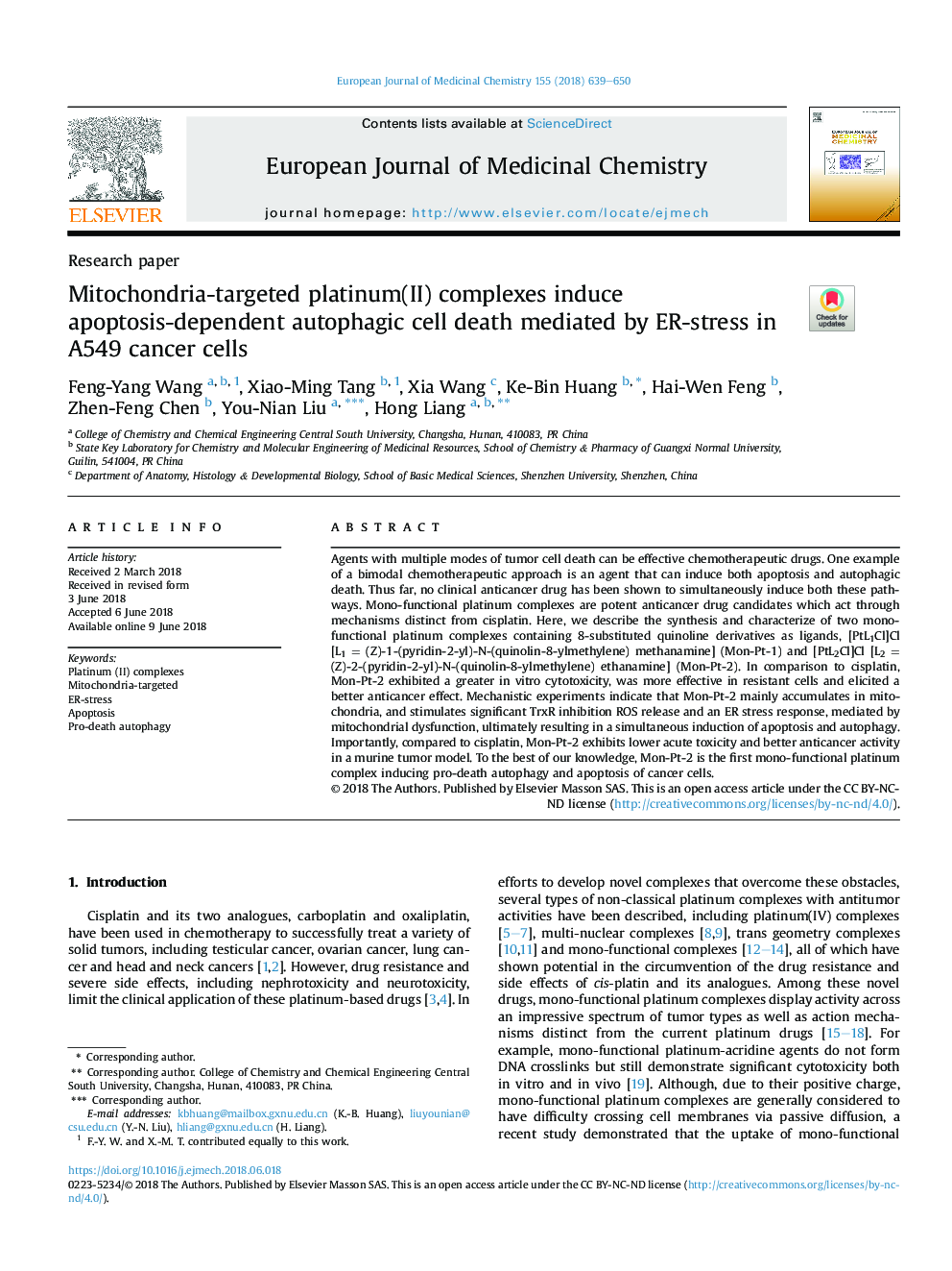 Mitochondria-targeted platinum(II) complexes induce apoptosis-dependent autophagic cell death mediated by ER-stress in A549 cancer cells