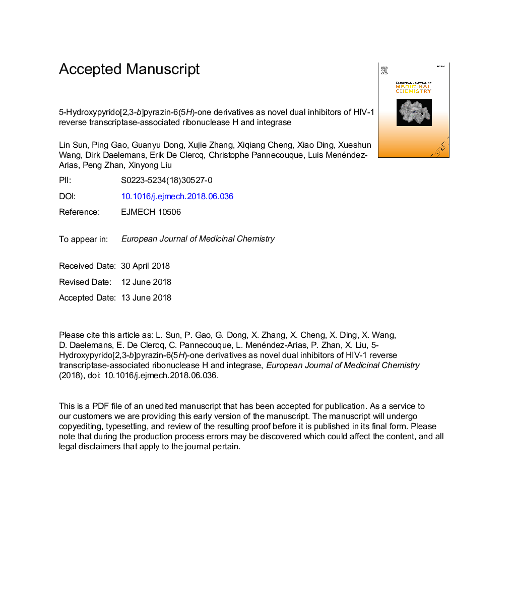 5-Hydroxypyrido[2,3-b]pyrazin-6(5H)-one derivatives as novel dual inhibitors of HIV-1 reverse transcriptase-associated ribonuclease H and integrase