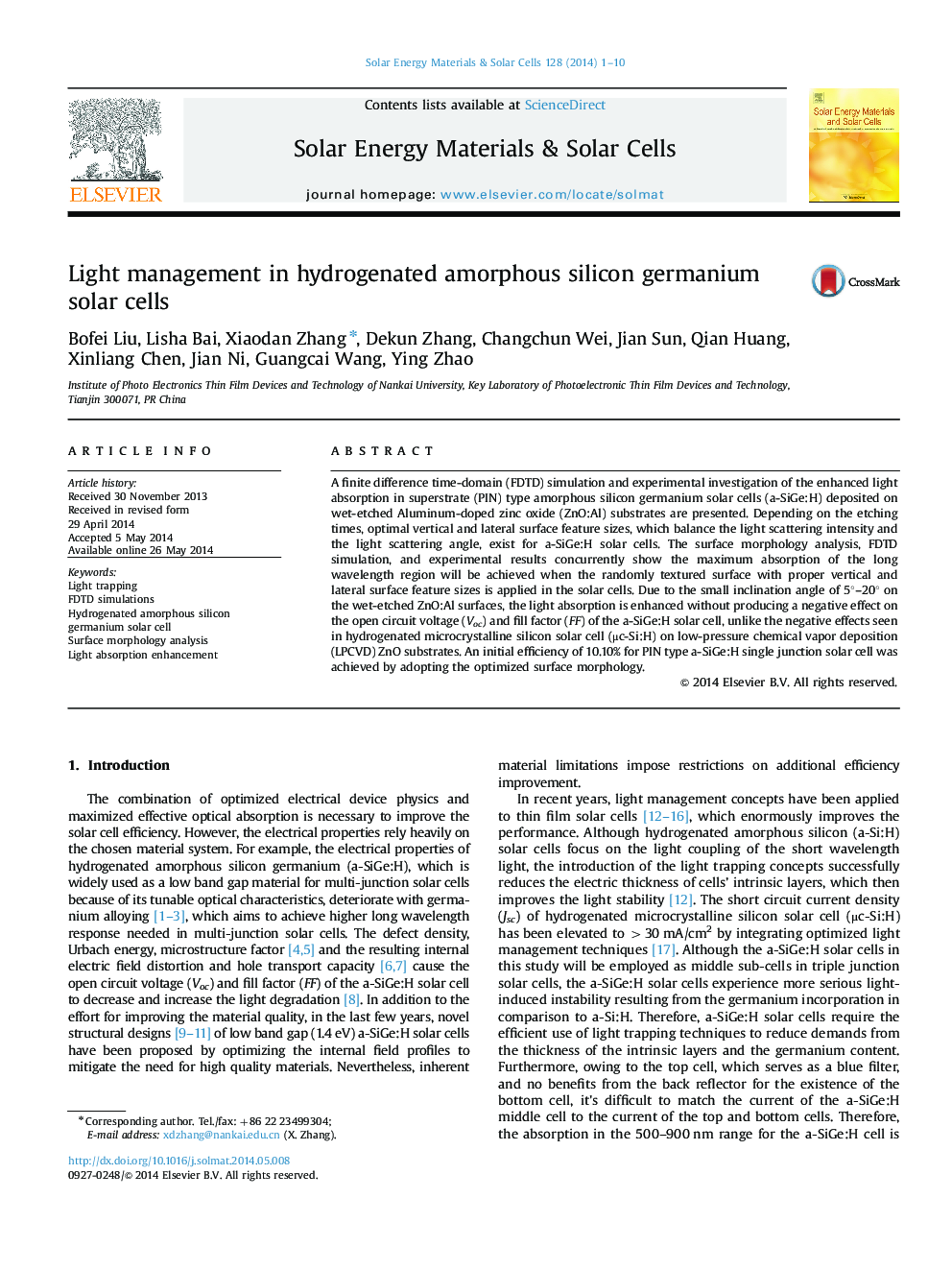 Light management in hydrogenated amorphous silicon germanium solar cells