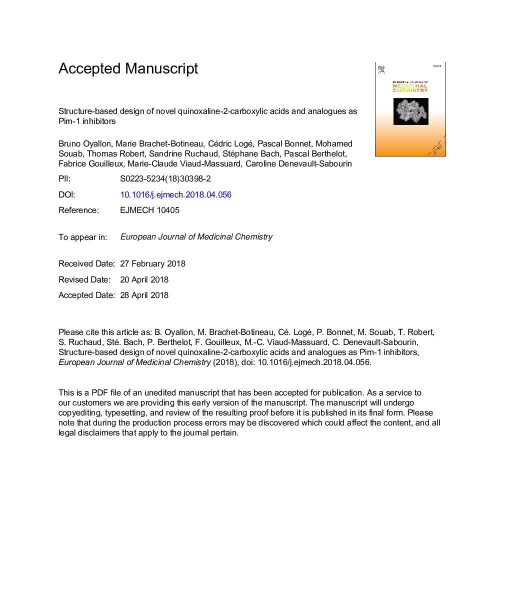 عکس صفحه اول مقاله: Structure-based design of novel quinoxaline-2-carboxylic acids and analogues as Pim-1 inhibitors Structure-based design of novel quinoxaline-2-carboxylic acids and analogues as Pim-1 inhibitors
