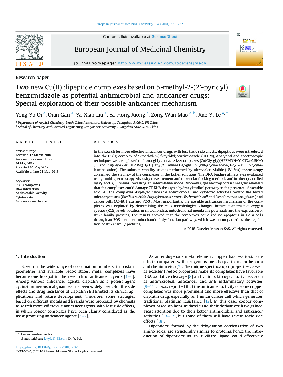 Two new Cu(II) dipeptide complexes based on 5-methyl-2-(2â²-pyridyl)benzimidazole as potential antimicrobial and anticancer drugs: Special exploration of their possible anticancer mechanism