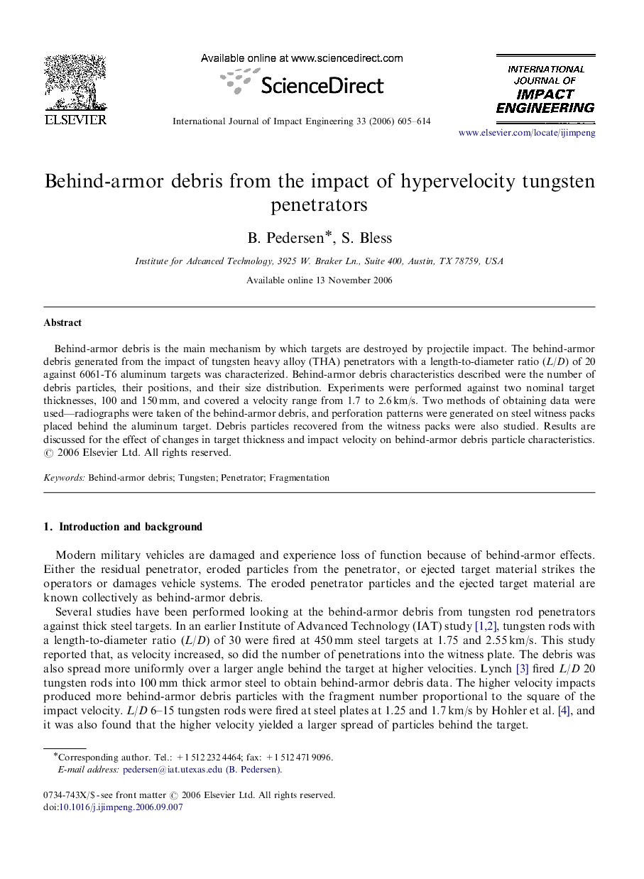 Behind-armor debris from the impact of hypervelocity tungsten penetrators