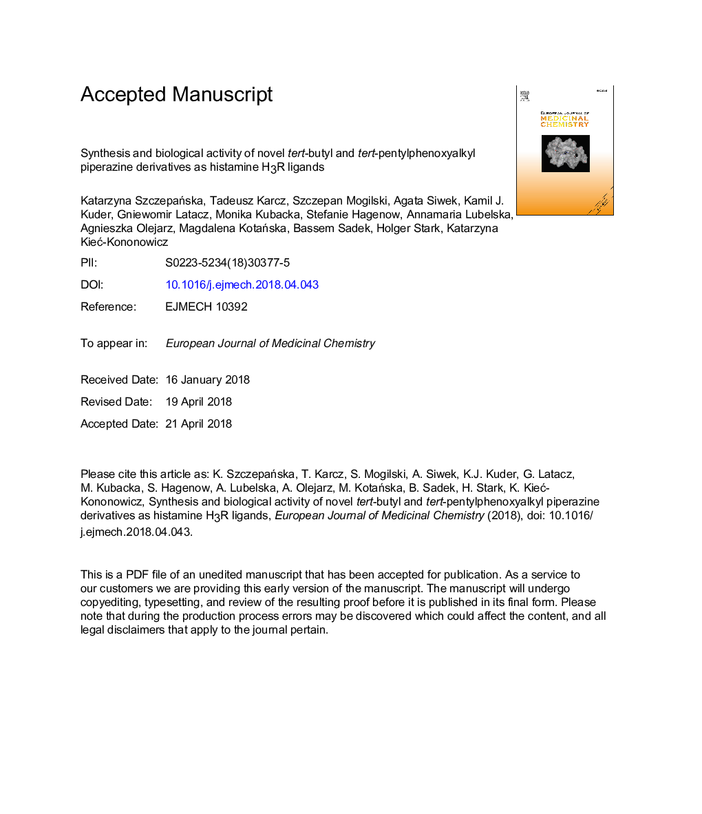 Synthesis and biological activity of novel tert-butyl and tert-pentylphenoxyalkyl piperazine derivatives as histamine H3R ligands