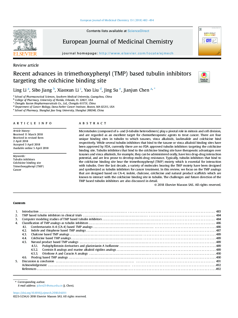 Recent advances in trimethoxyphenyl (TMP) based tubulin inhibitors targeting the colchicine binding site