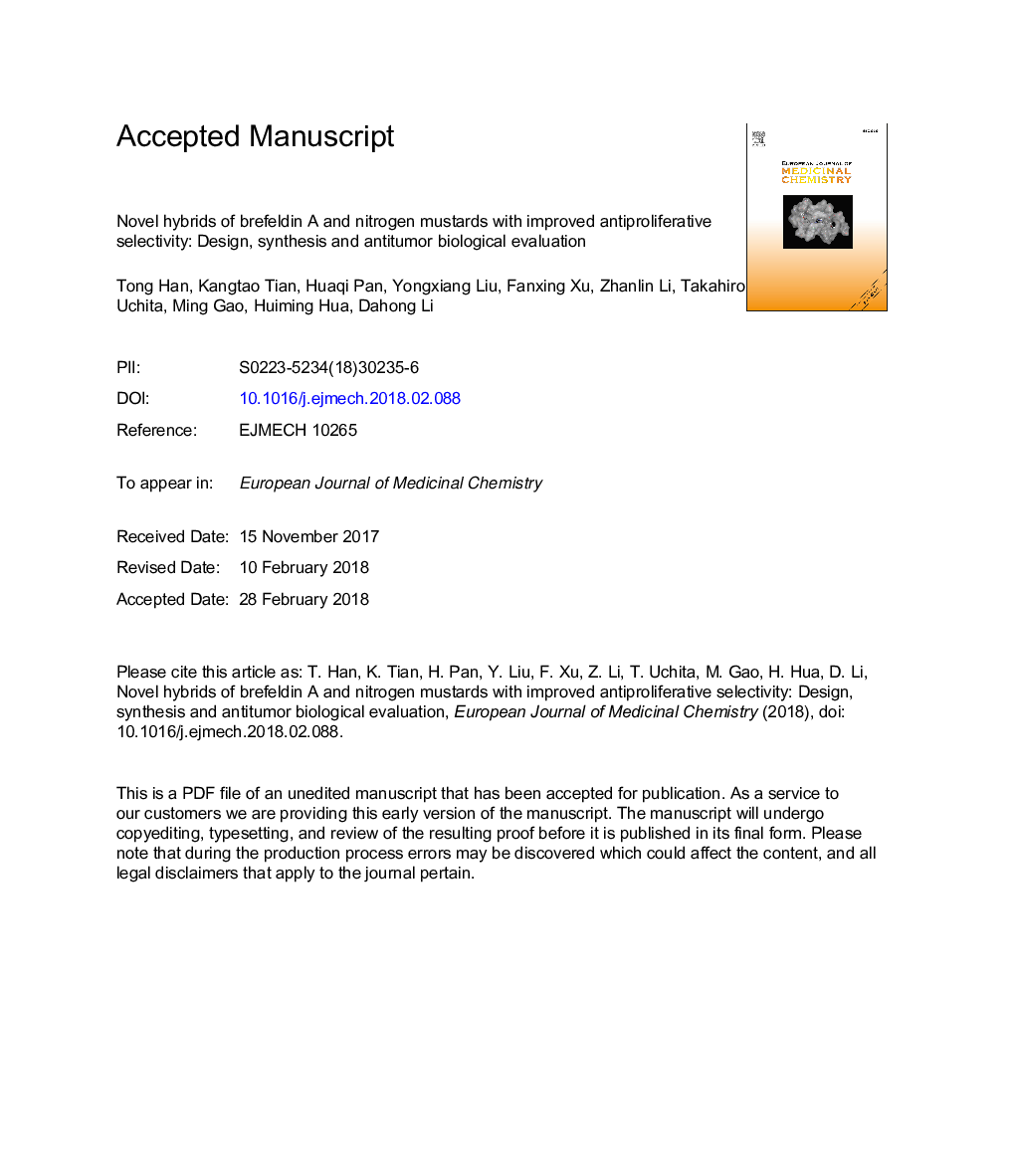 عکس صفحه اول مقاله: Novel hybrids of brefeldin A and nitrogen mustards with improved antiproliferative selectivity: Design, synthesis and antitumor biological evaluation Novel hybrids of brefeldin A and nitrogen mustards with improved antiproliferative selectivity: Design, synthesis and antitumor biological evaluation