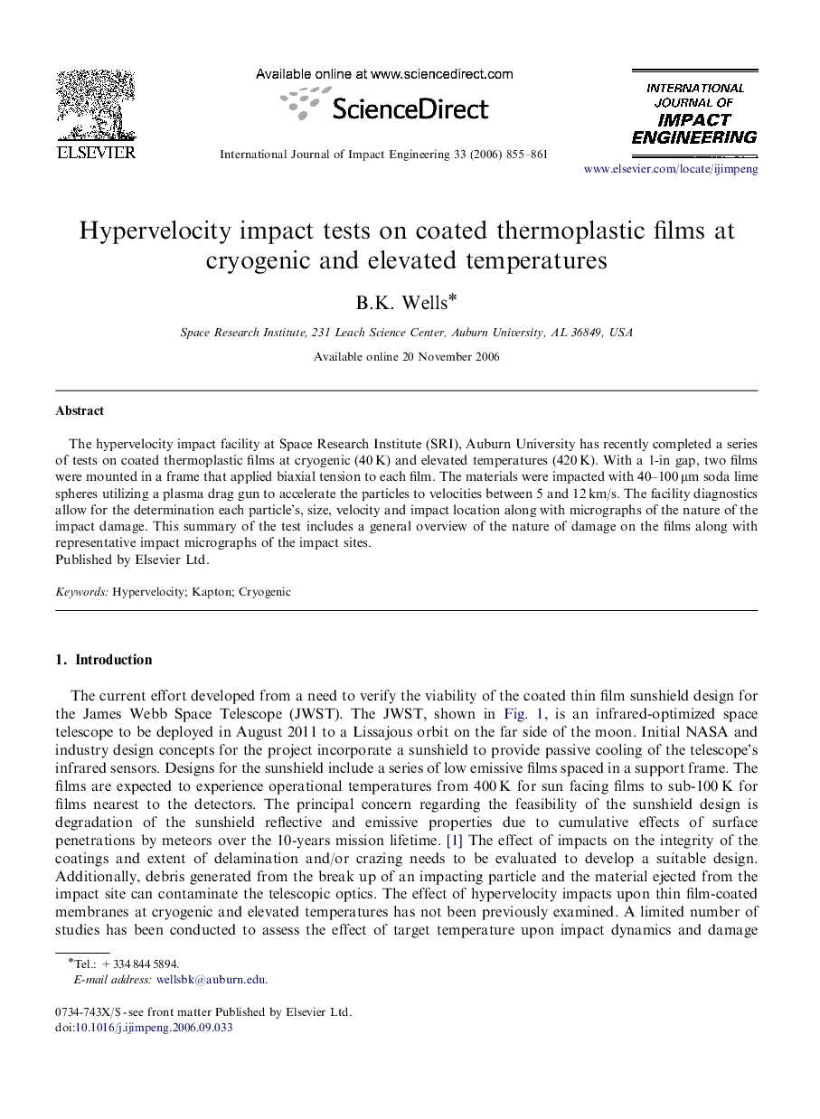 Hypervelocity impact tests on coated thermoplastic films at cryogenic and elevated temperatures