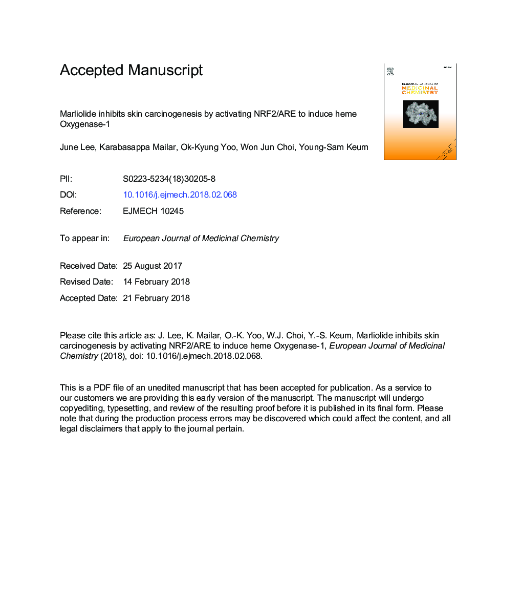 Marliolide inhibits skin carcinogenesis by activating NRF2/ARE to induce heme oxygenase-1