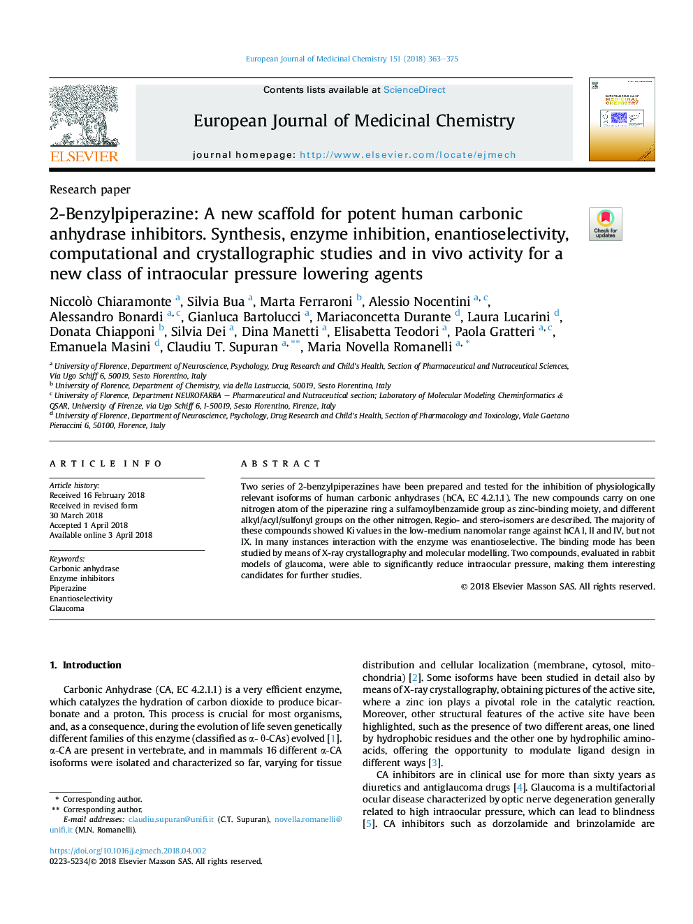 2-Benzylpiperazine: A new scaffold for potent human carbonic anhydrase inhibitors. Synthesis, enzyme inhibition, enantioselectivity, computational and crystallographic studies and inÂ vivo activity for a new class of intraocular pressure lowering agents