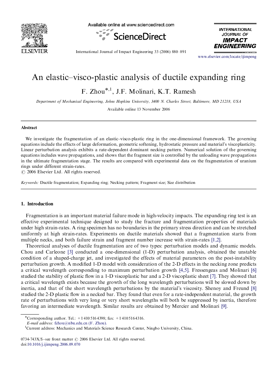 An elastic–visco-plastic analysis of ductile expanding ring