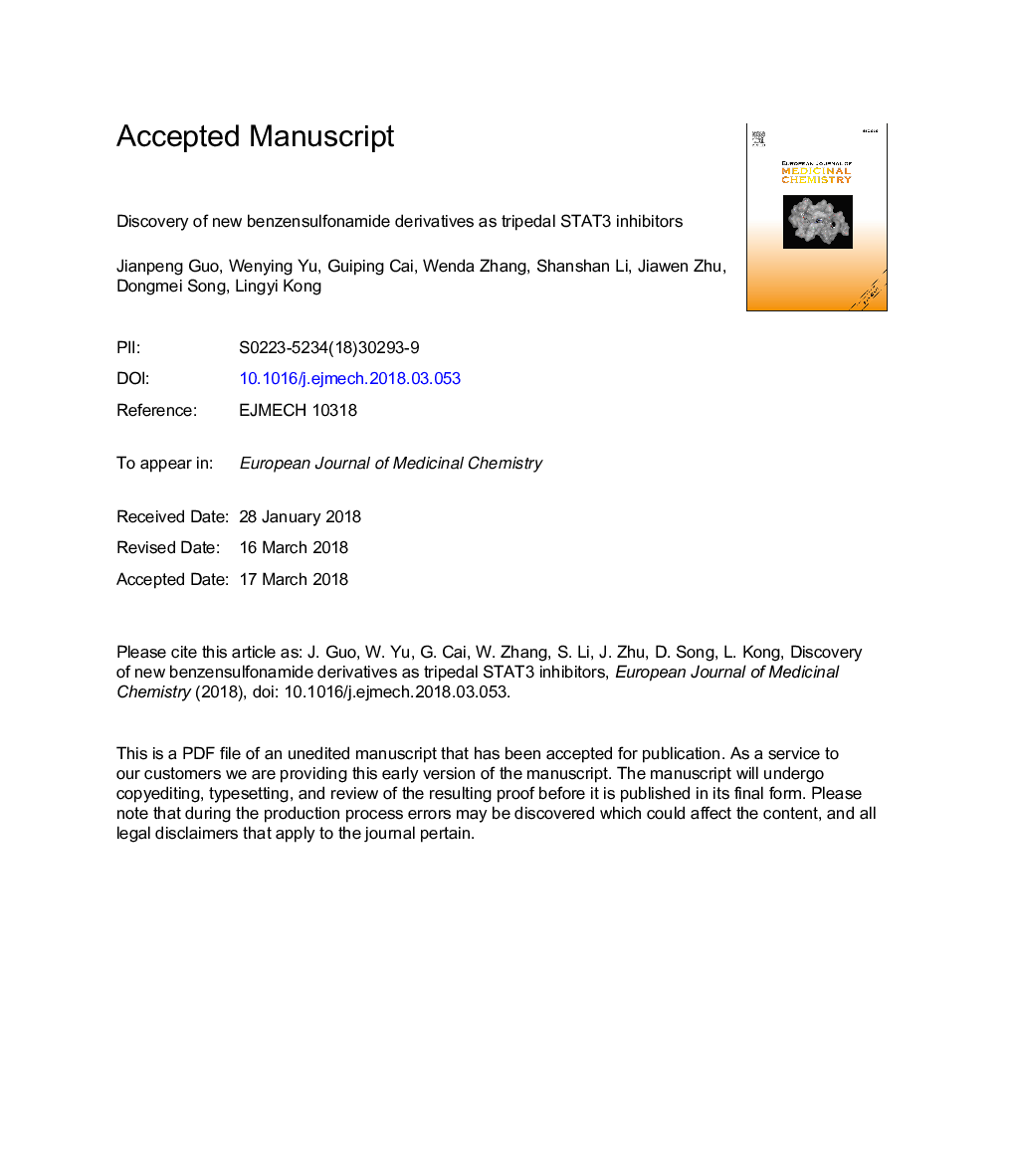 عکس صفحه اول مقاله: Discovery of new benzensulfonamide derivatives as tripedal STAT3 inhibitors Discovery of new benzensulfonamide derivatives as tripedal STAT3 inhibitors