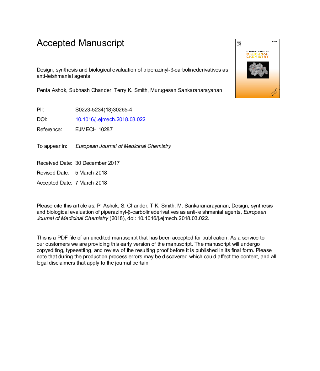 Design, synthesis and biological evaluation of piperazinyl-Î²-carbolinederivatives as anti-leishmanial agents