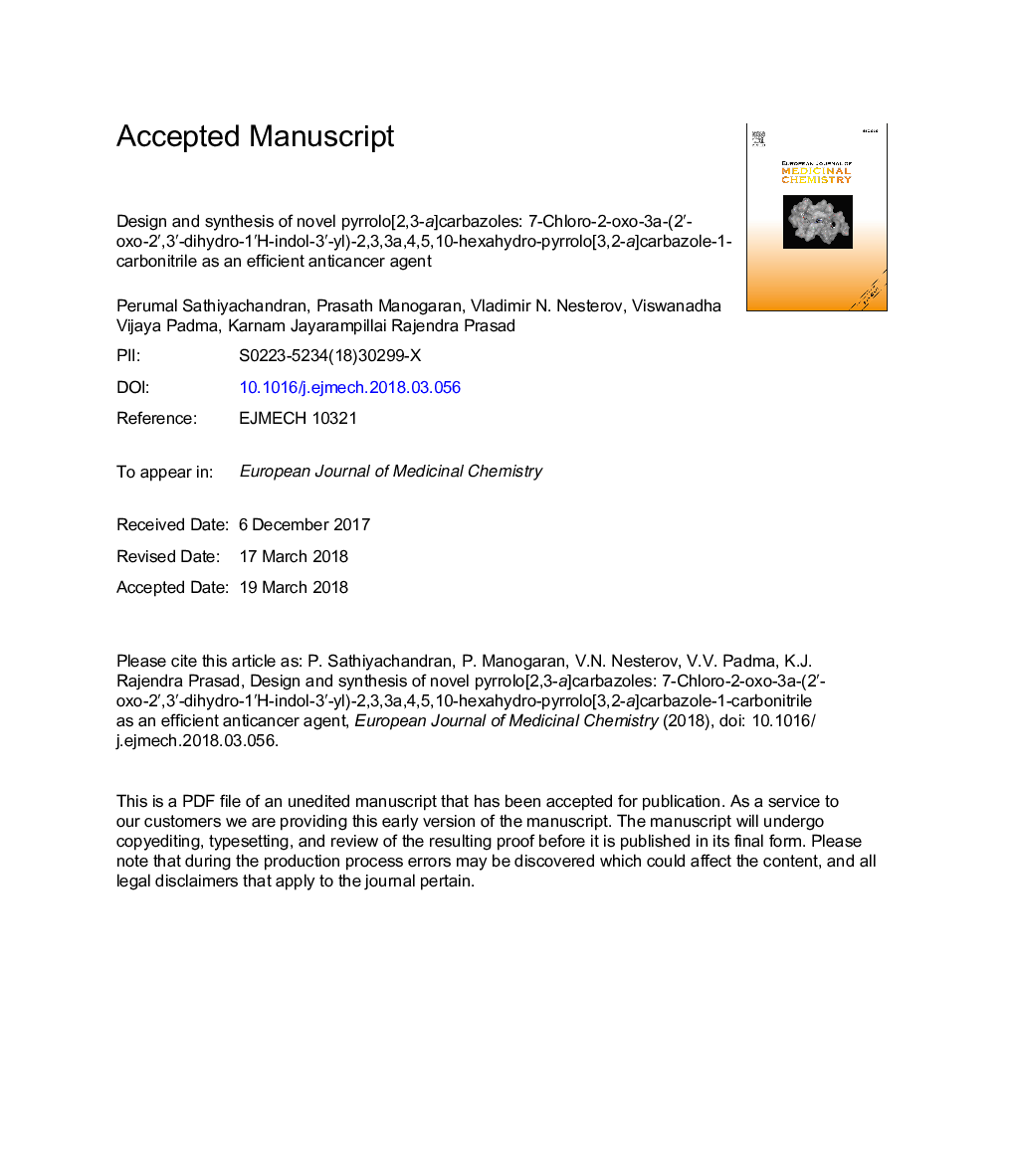 Design and synthesis of novel pyrrolo[2,3-a]carbazoles: 7-Chloro-2-oxo-3a-(2â²-oxo-2â²,3â²-dihydro-1â²H-indol-3â²-yl)-2,3,3a,4,5,10-hexahydro-pyrrolo[3,2-a]carbazole-1-carbonitrile as an efficient anticancer agent