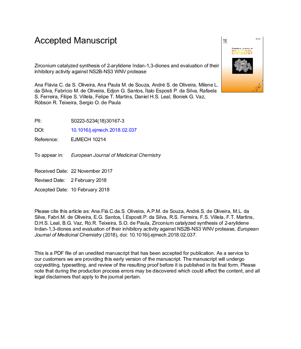 Zirconium catalyzed synthesis of 2-arylidene Indan-1,3-diones and evaluation of their inhibitory activity against NS2B-NS3 WNV protease