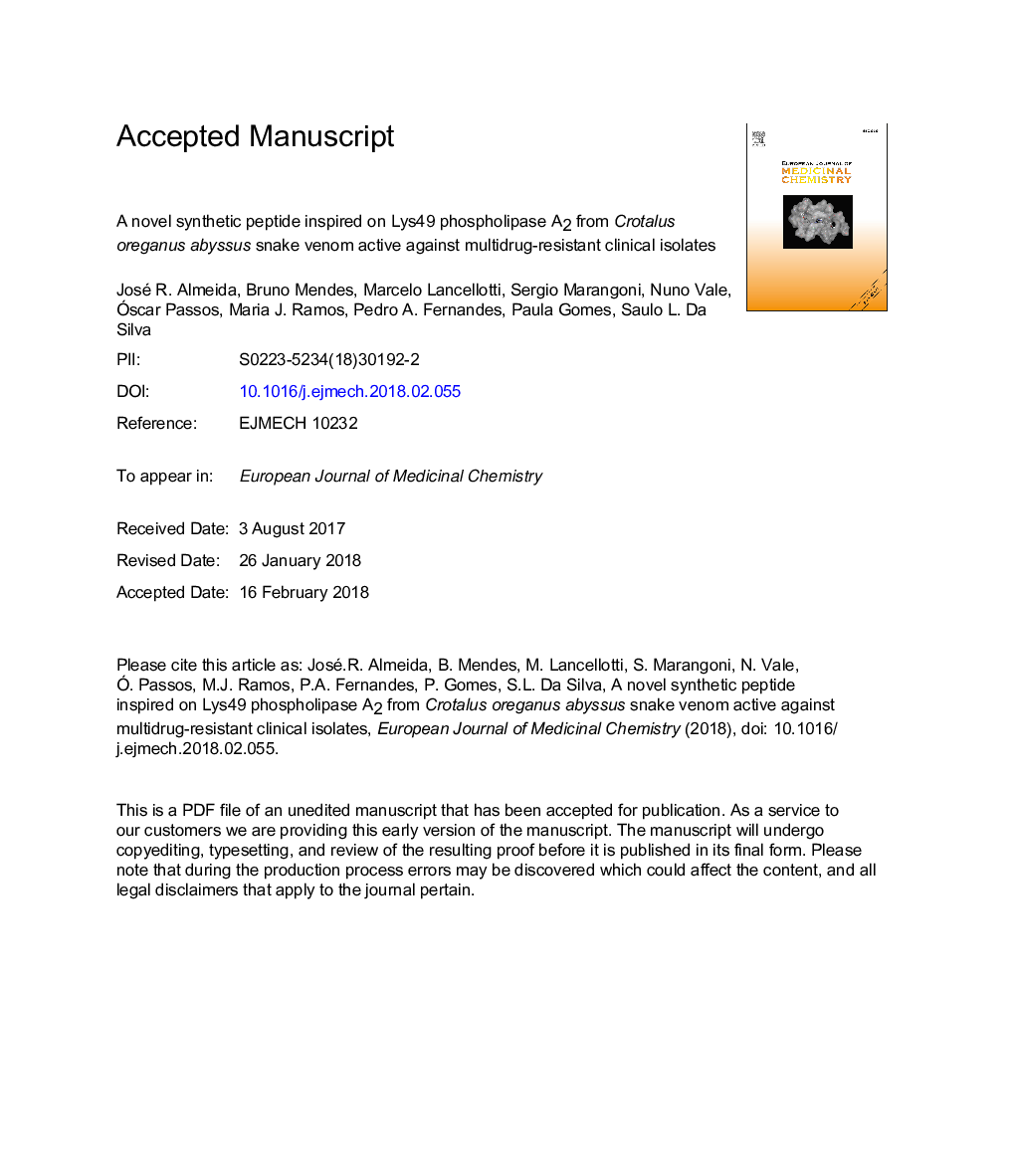 A novel synthetic peptide inspired on Lys49 phospholipase A2 from Crotalus oreganus abyssus snake venom active against multidrug-resistant clinical isolates