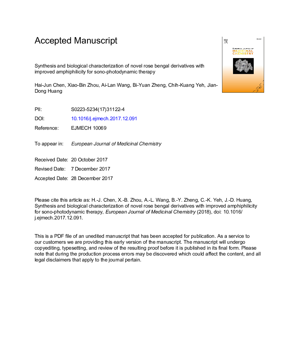 عکس صفحه اول مقاله: Synthesis and biological characterization of novel rose bengal derivatives with improved amphiphilicity for sono-photodynamic therapy Synthesis and biological characterization of novel rose bengal derivatives with improved amphiphilicity for sono-photodynamic therapy