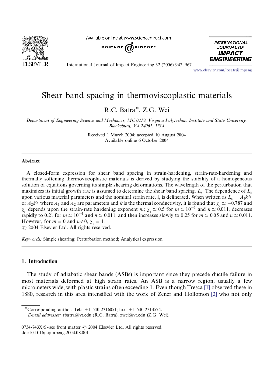 Shear band spacing in thermoviscoplastic materials